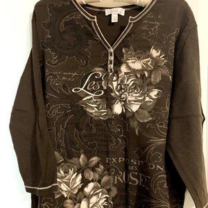 Brown top with creamflowers & rhinestones 2X